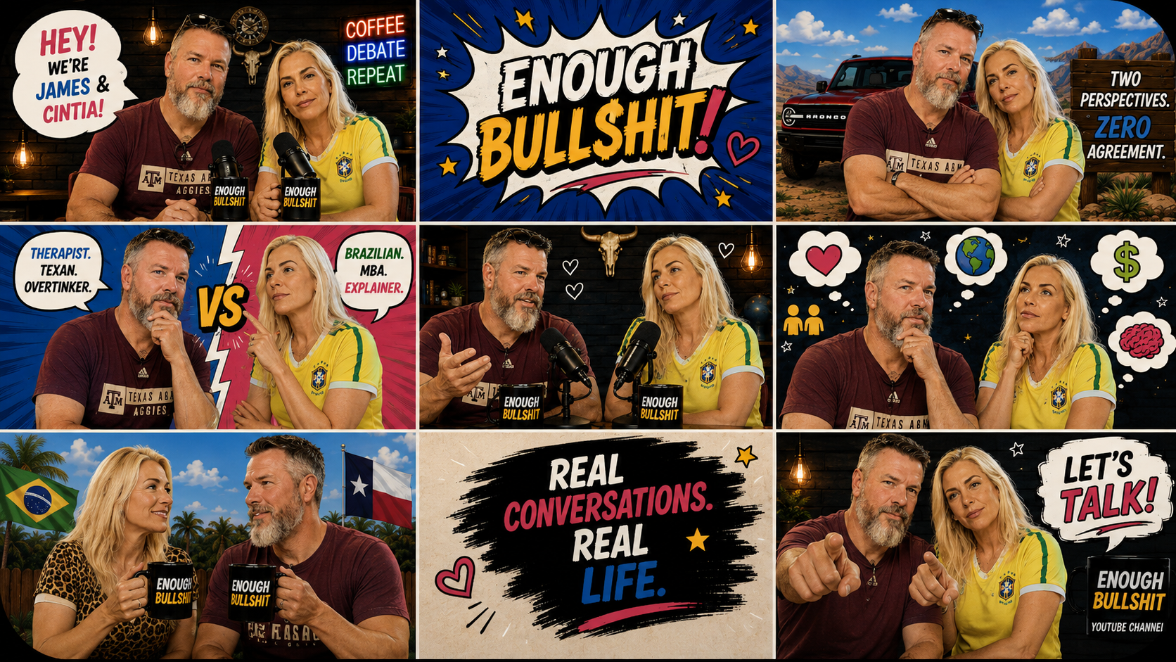 James and Cintia in an Enough Bullshit comic-style podcast collage