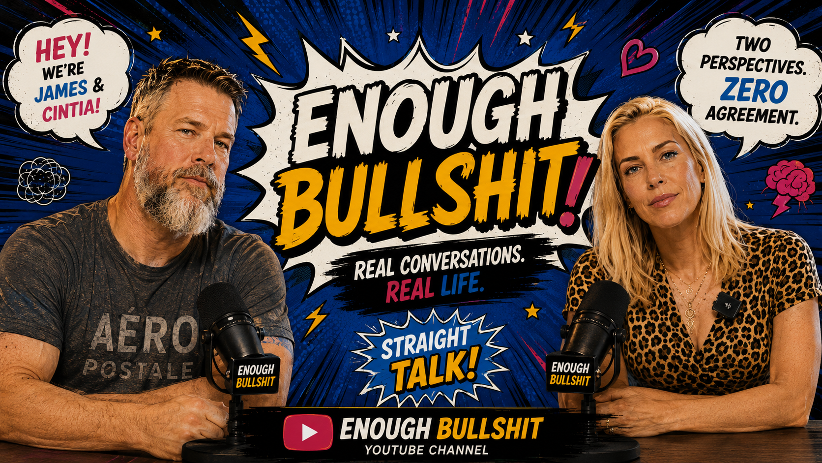 James and Cintia in a colorful podcast showdown graphic