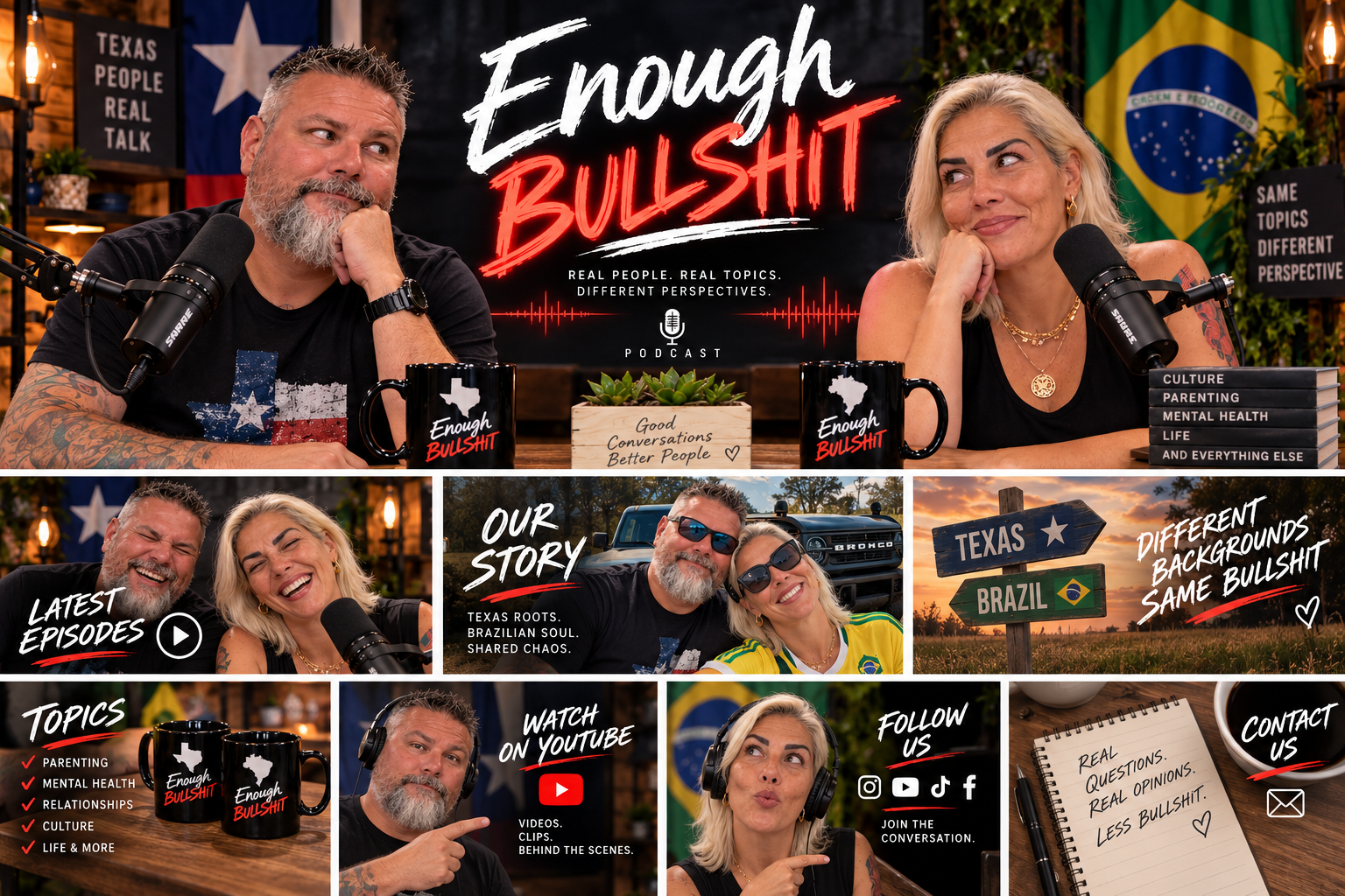 Enough Bullshit show collage with topics, mugs, and hosts