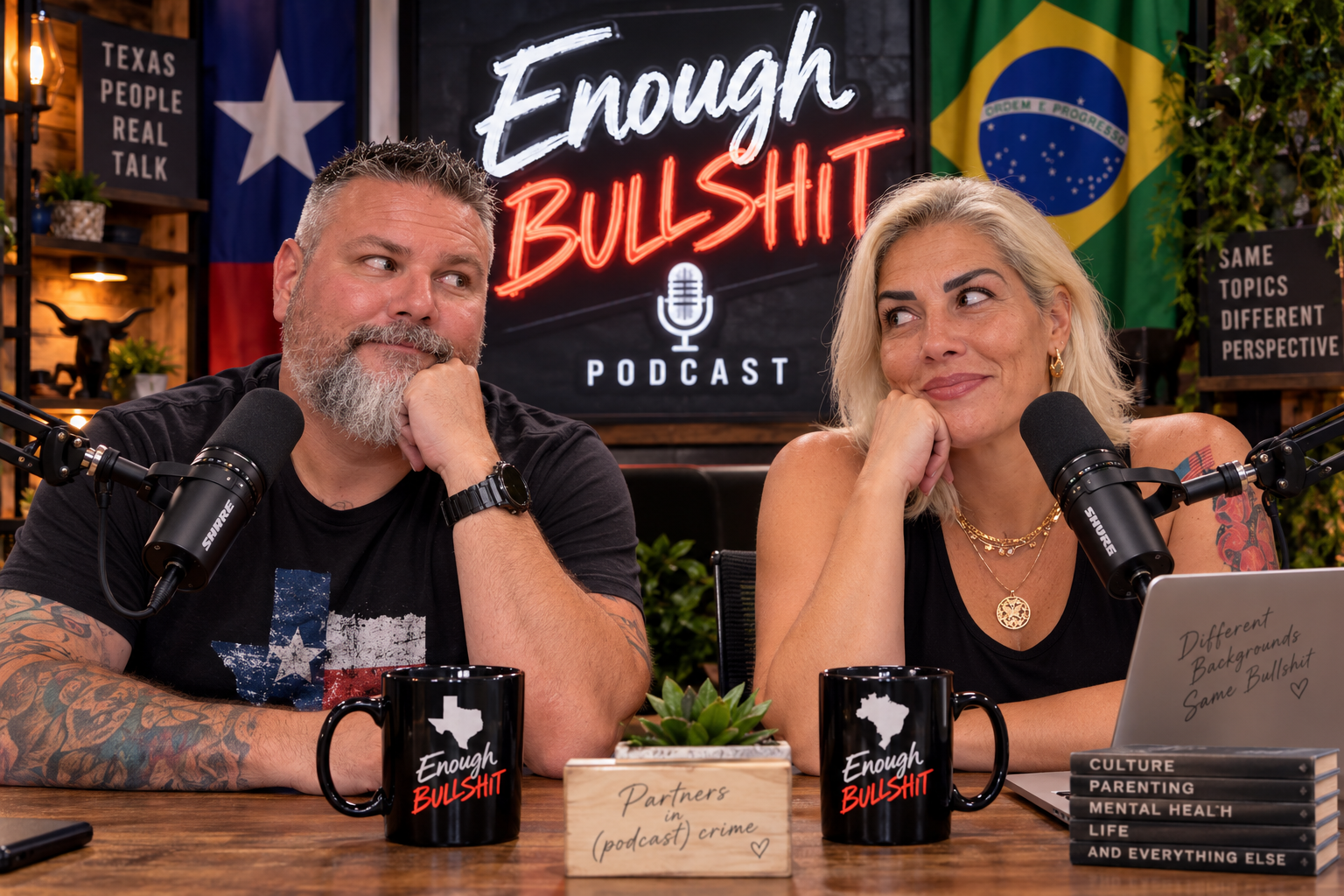 James and Cintia in the Enough Bullshit podcast studio