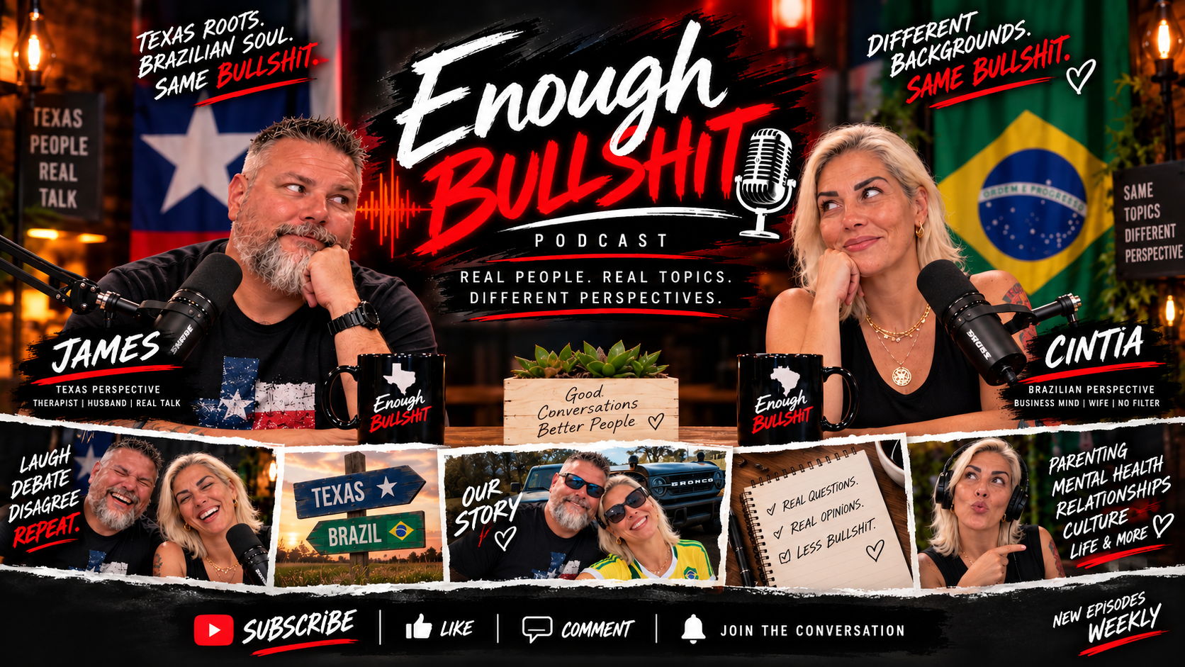 James and Cintia in the Enough Bullshit podcast studio