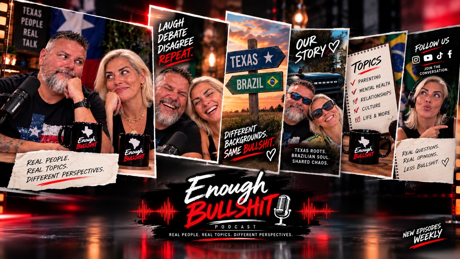 James and Cintia podcast montage with Texas, Brazil, their Bronco, and show topics